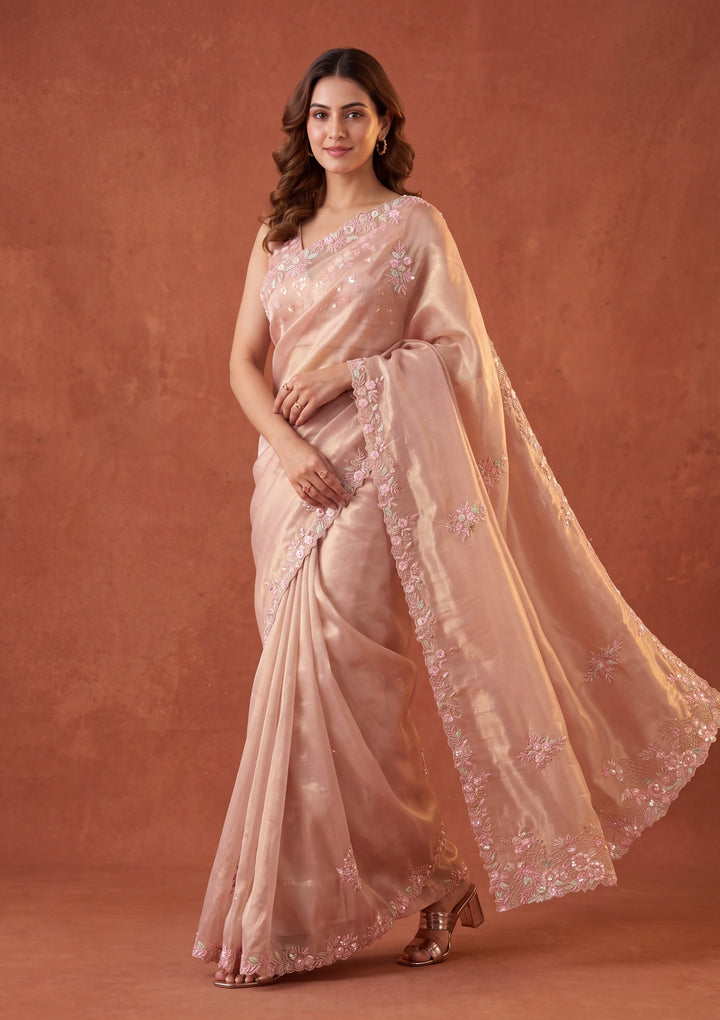 Baby Pink Tissue Aariwork Saree With Matching Blouse Piece