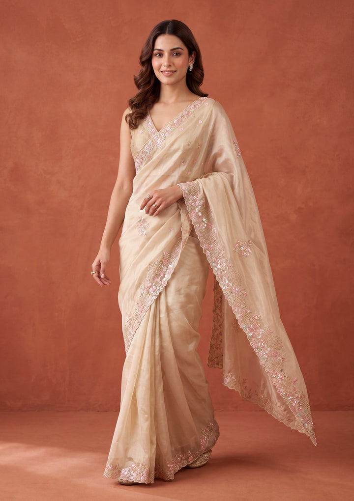 Off White Tissue Aariwork Saree With Matching Blouse Piece
