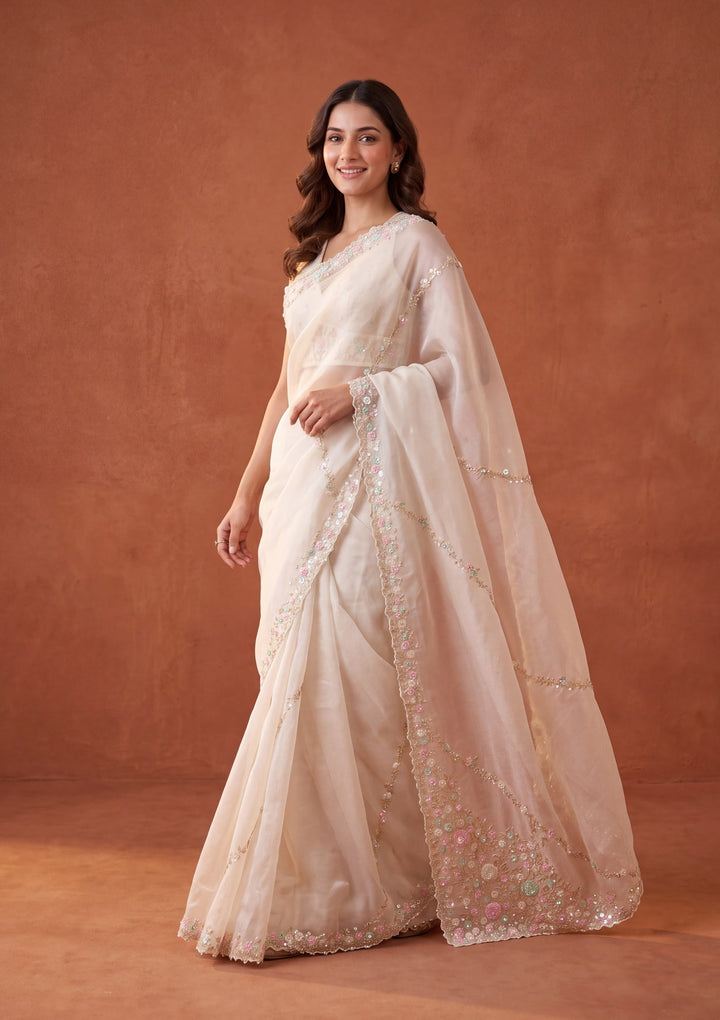 Off White Tissue Sequins Saree With Matching Blouse Piece