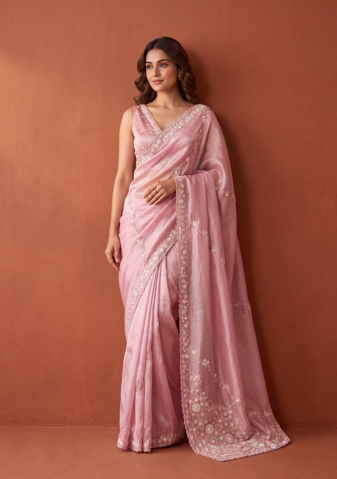 Pink Tissue Sequins Saree With Matching Blouse Piece