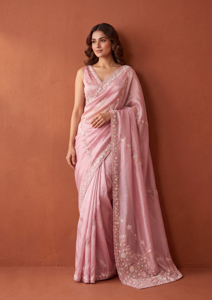 Pink Tissue Sequins Saree With Matching Blouse Piece