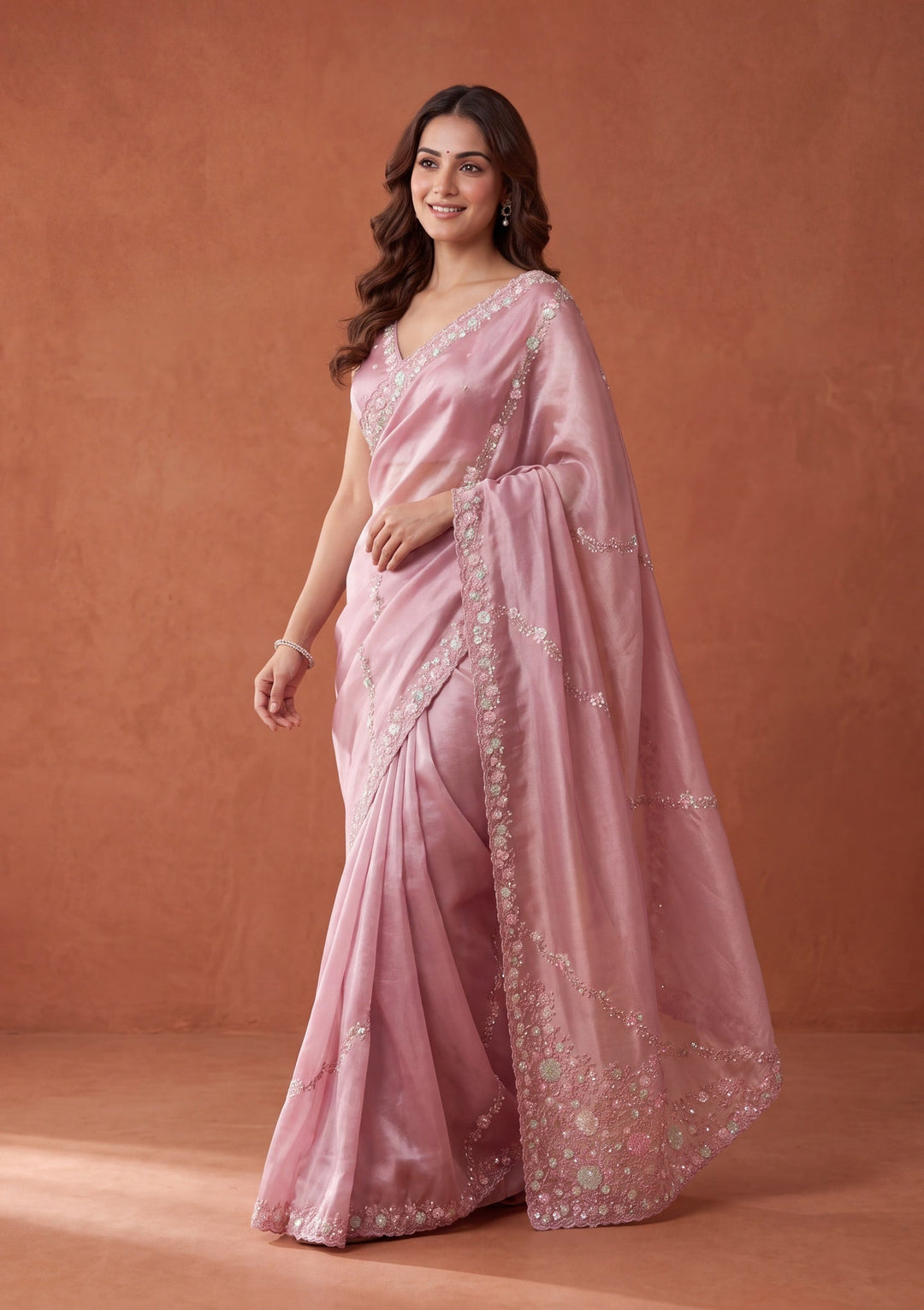 Pink Tissue Sequins Saree With Matching Blouse Piece