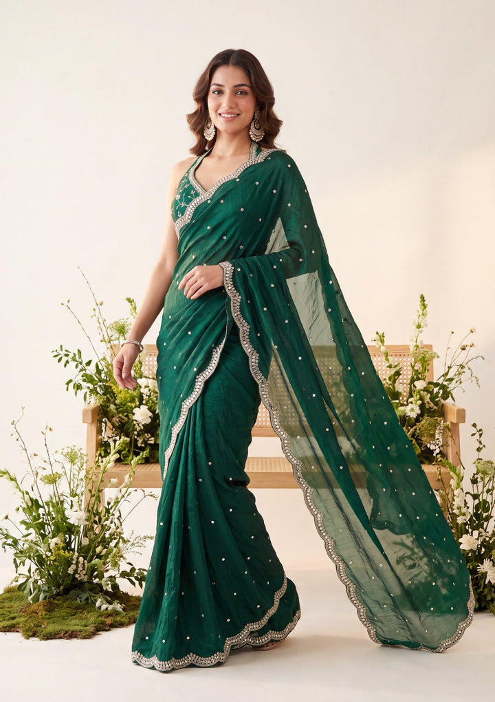 Bottle Green Tissue Mirrorwork Saree With Matching Blouse Piece