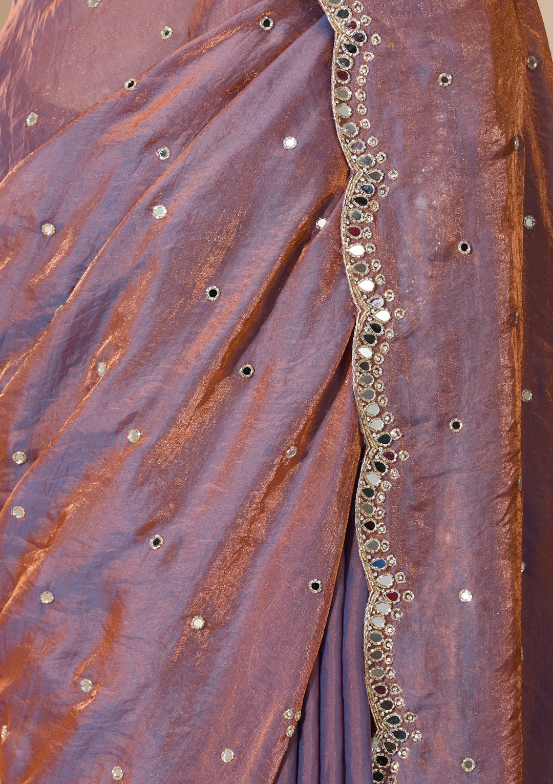 Copper Tissue Mirrorwork Saree With Matching Blouse Piece