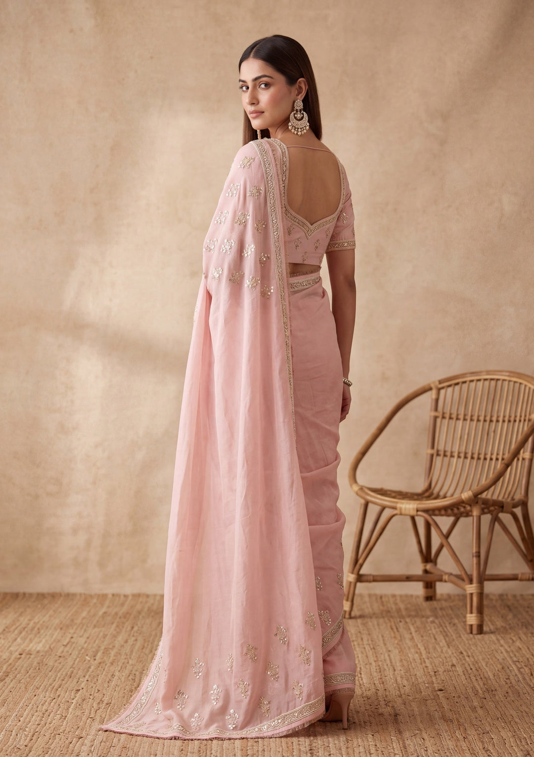Peach Tissue Sequins Saree With Matching Blouse Piece
