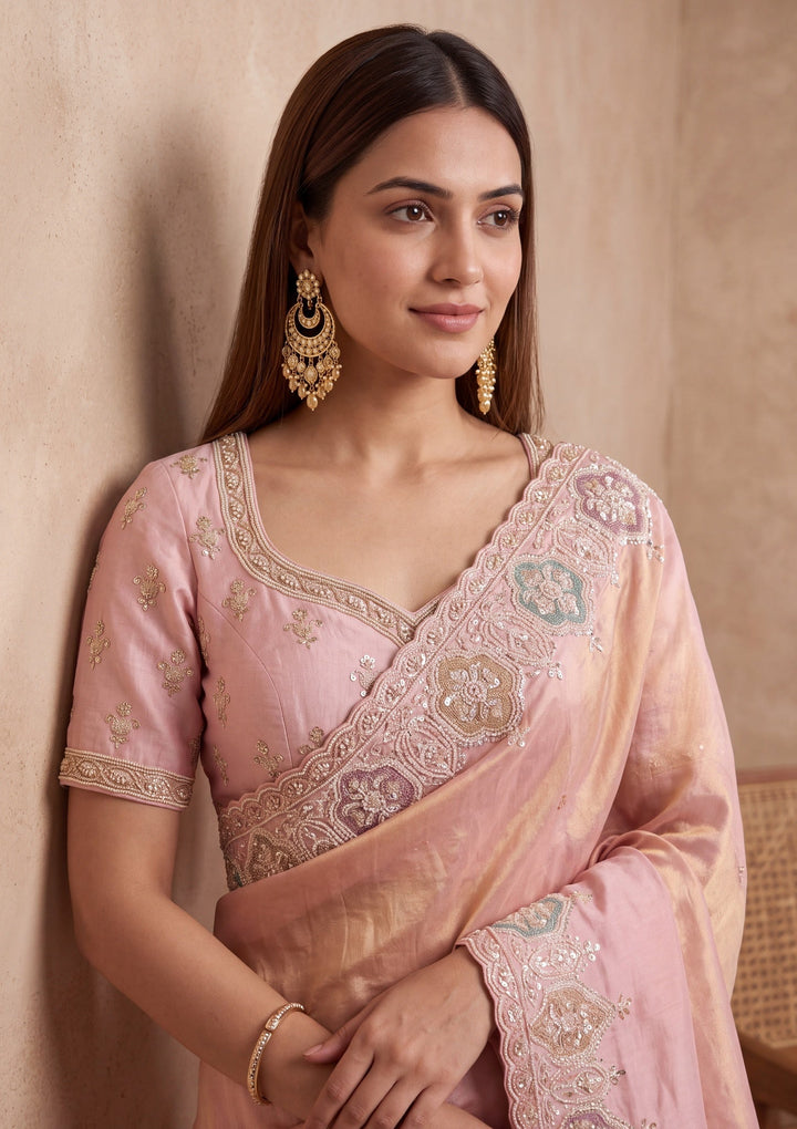 Peach Tissue Sequins Saree With Matching Blouse Piece