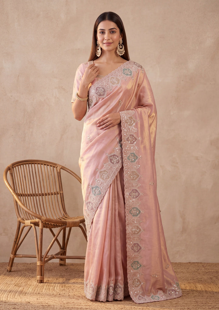 Peach Tissue Sequins Saree With Matching Blouse Piece