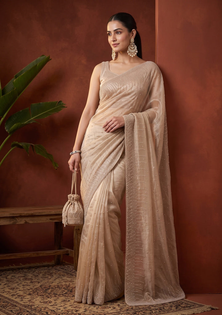 Beige Sequins Tissue Saree