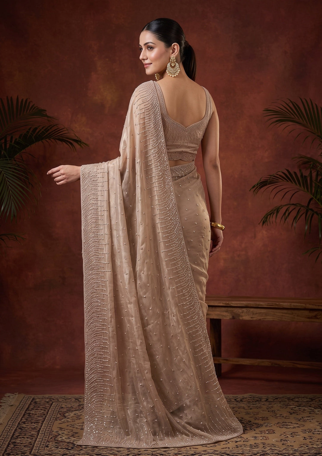 Beige Sequins Tissue Saree