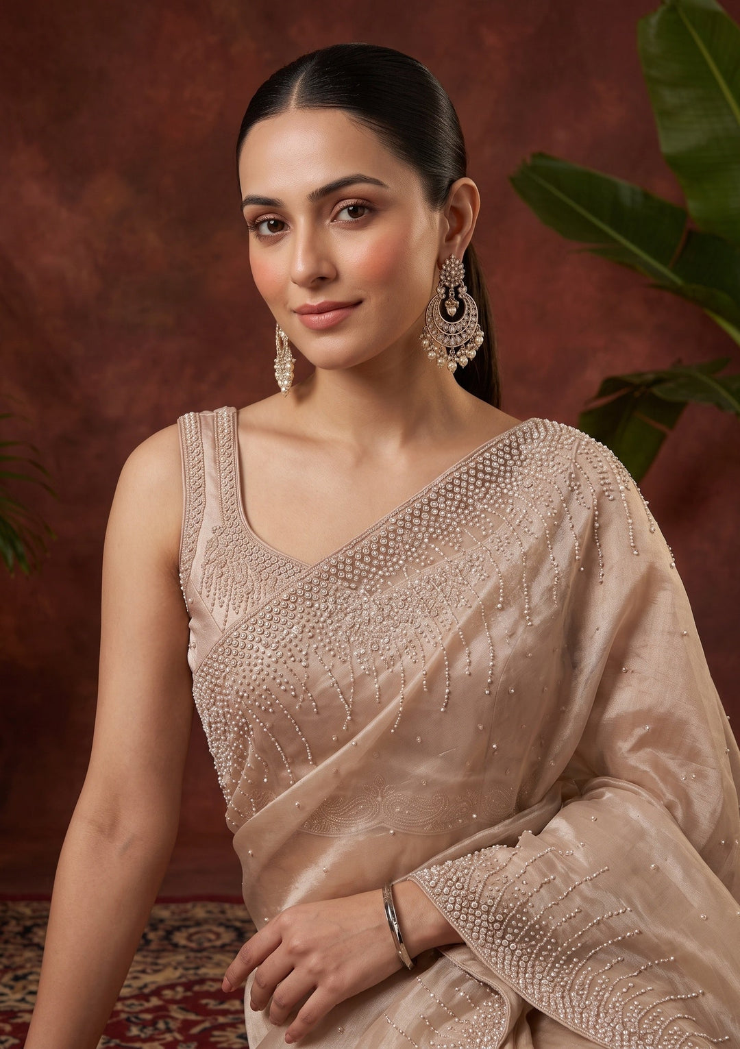 Beige Sequins Tissue Saree
