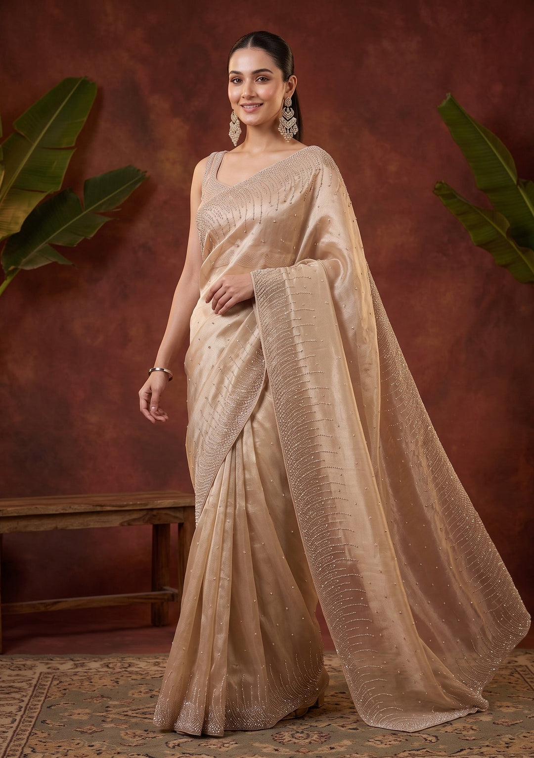 Beige Sequins Tissue Saree