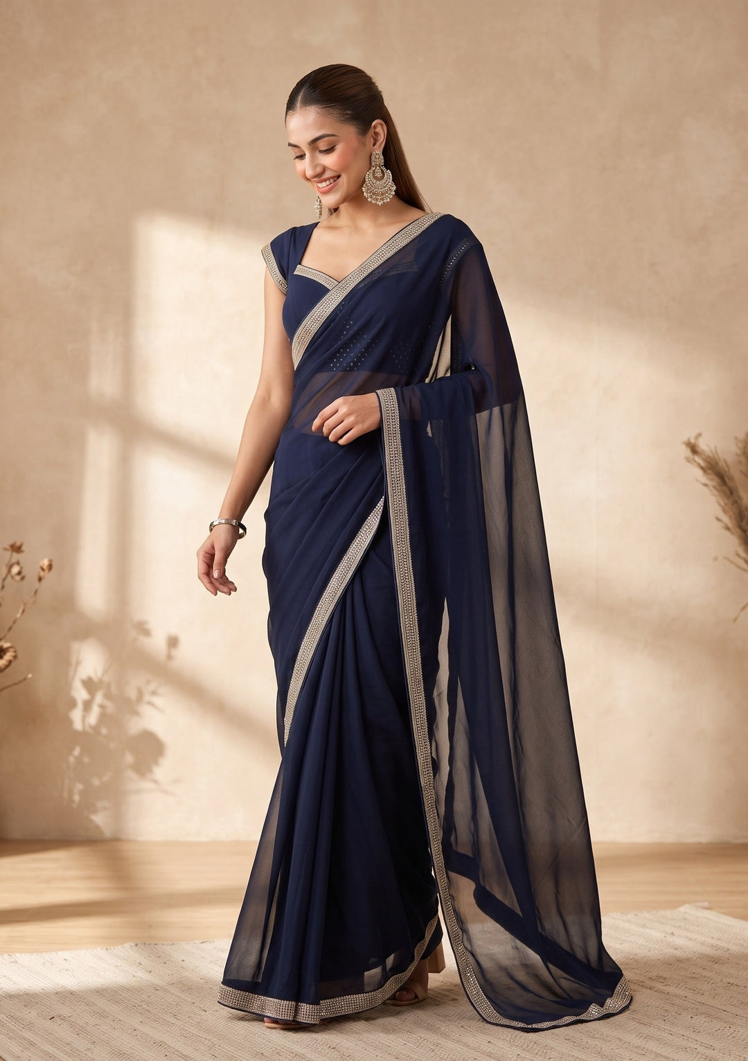 Navy Blue Cutdana Georgette Saree