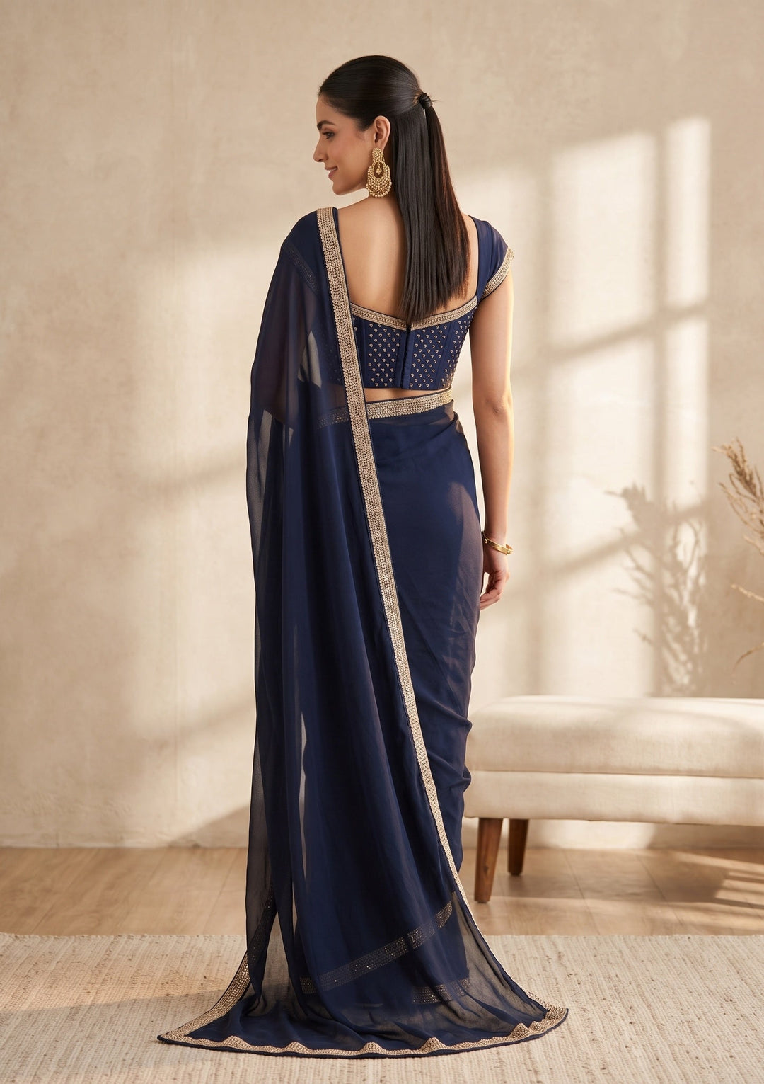 Navy Blue Cutdana Georgette Saree