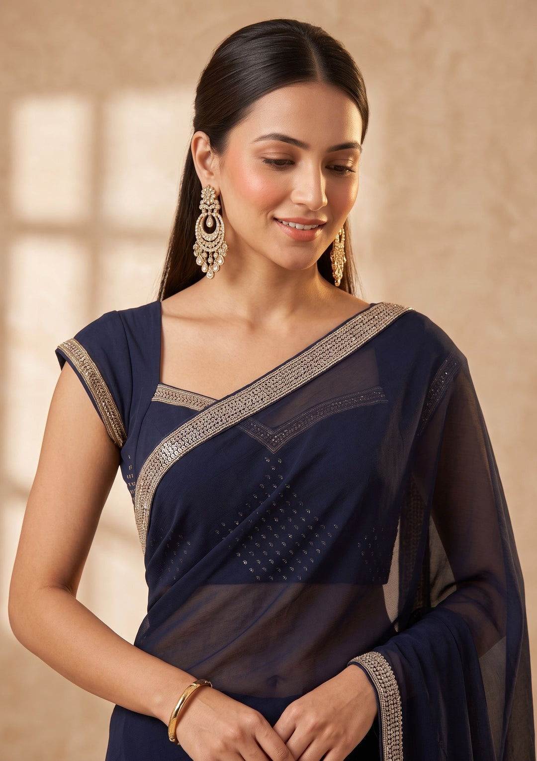 Navy Blue Cutdana Georgette Saree