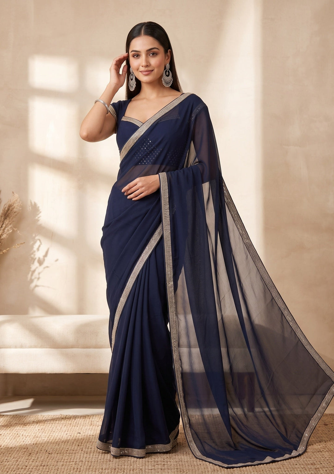Navy Blue Cutdana Georgette Saree