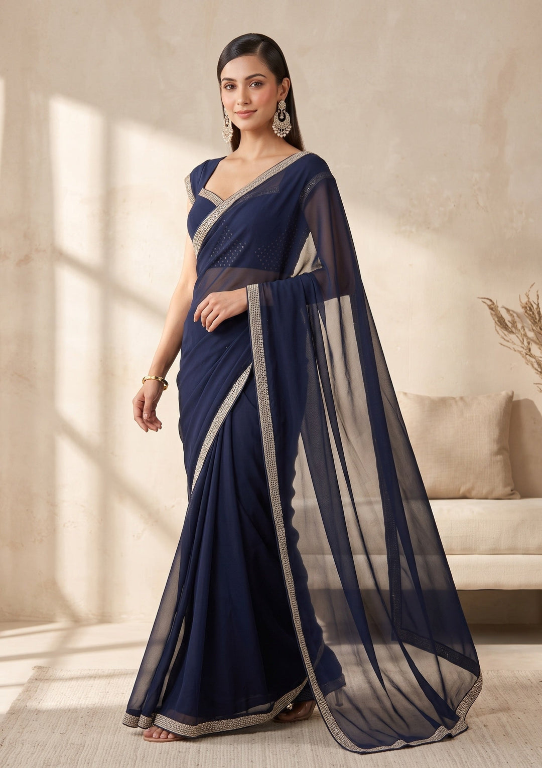 Navy Blue Cutdana Georgette Saree