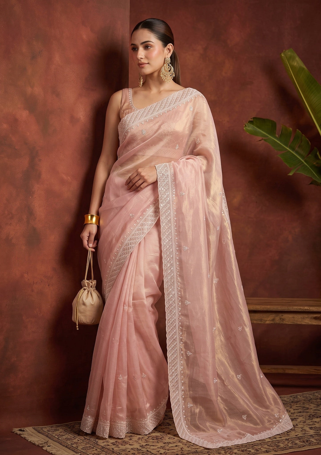 Baby Pink Cutdana Tissue Saree