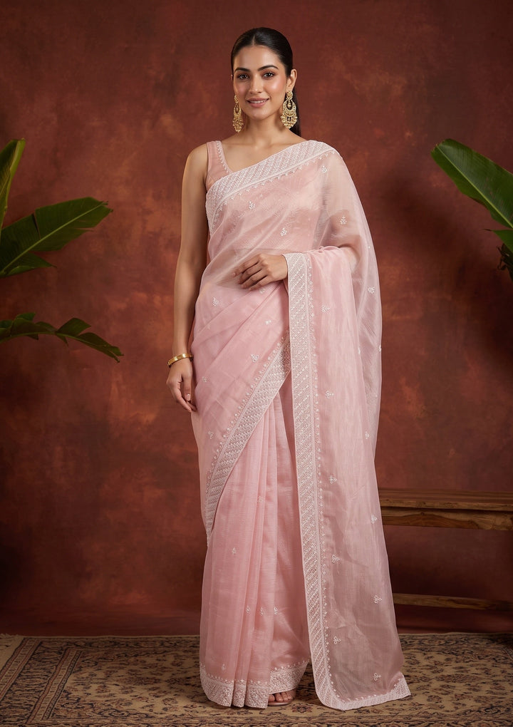 Baby Pink Cutdana Tissue Saree