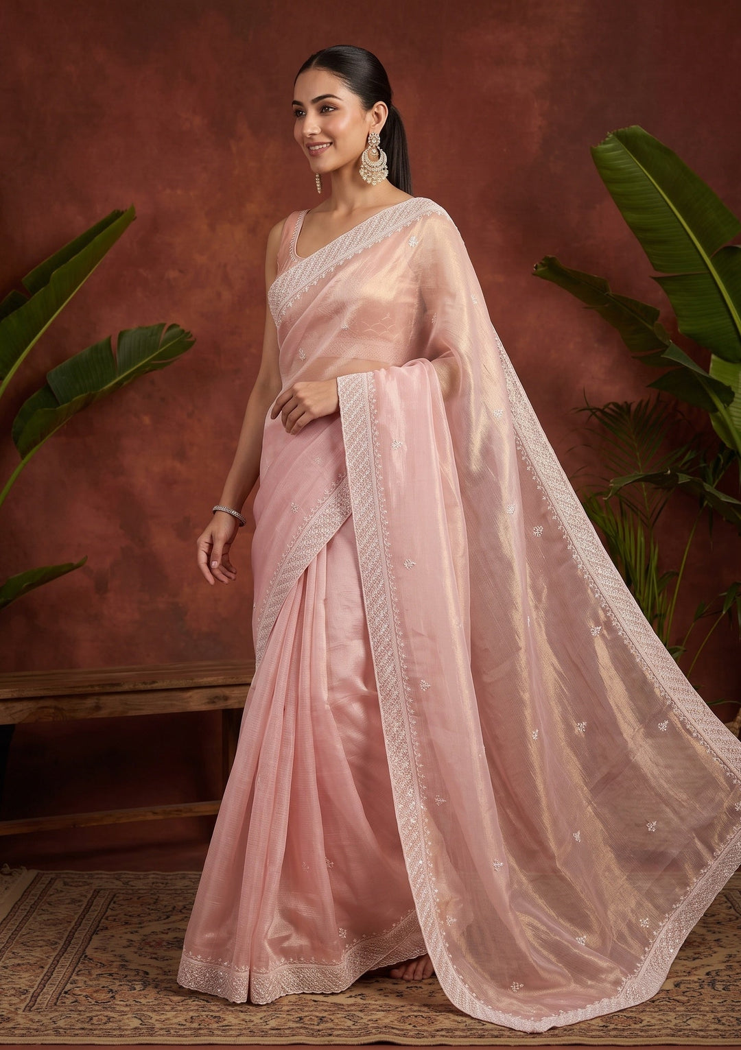 Baby Pink Cutdana Tissue Saree