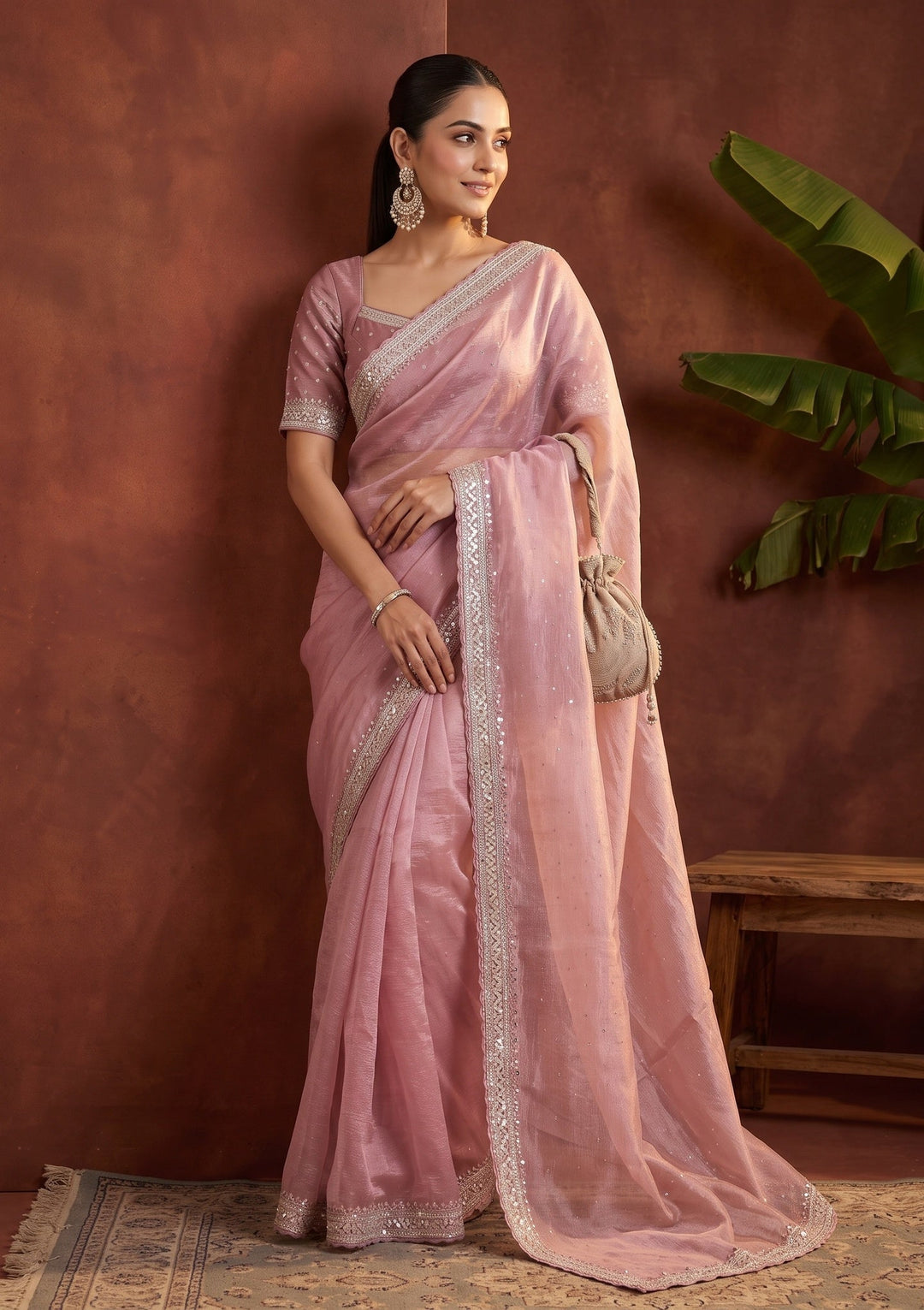 Pink Sequins Tissue Saree