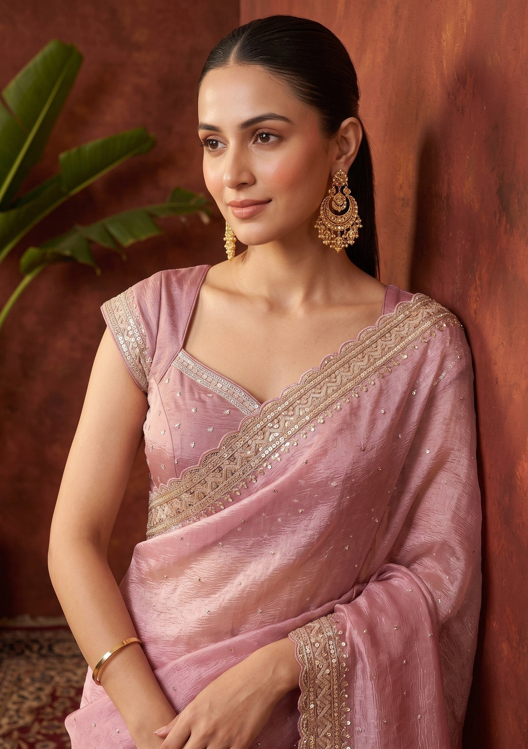 Pink Sequins Tissue Saree