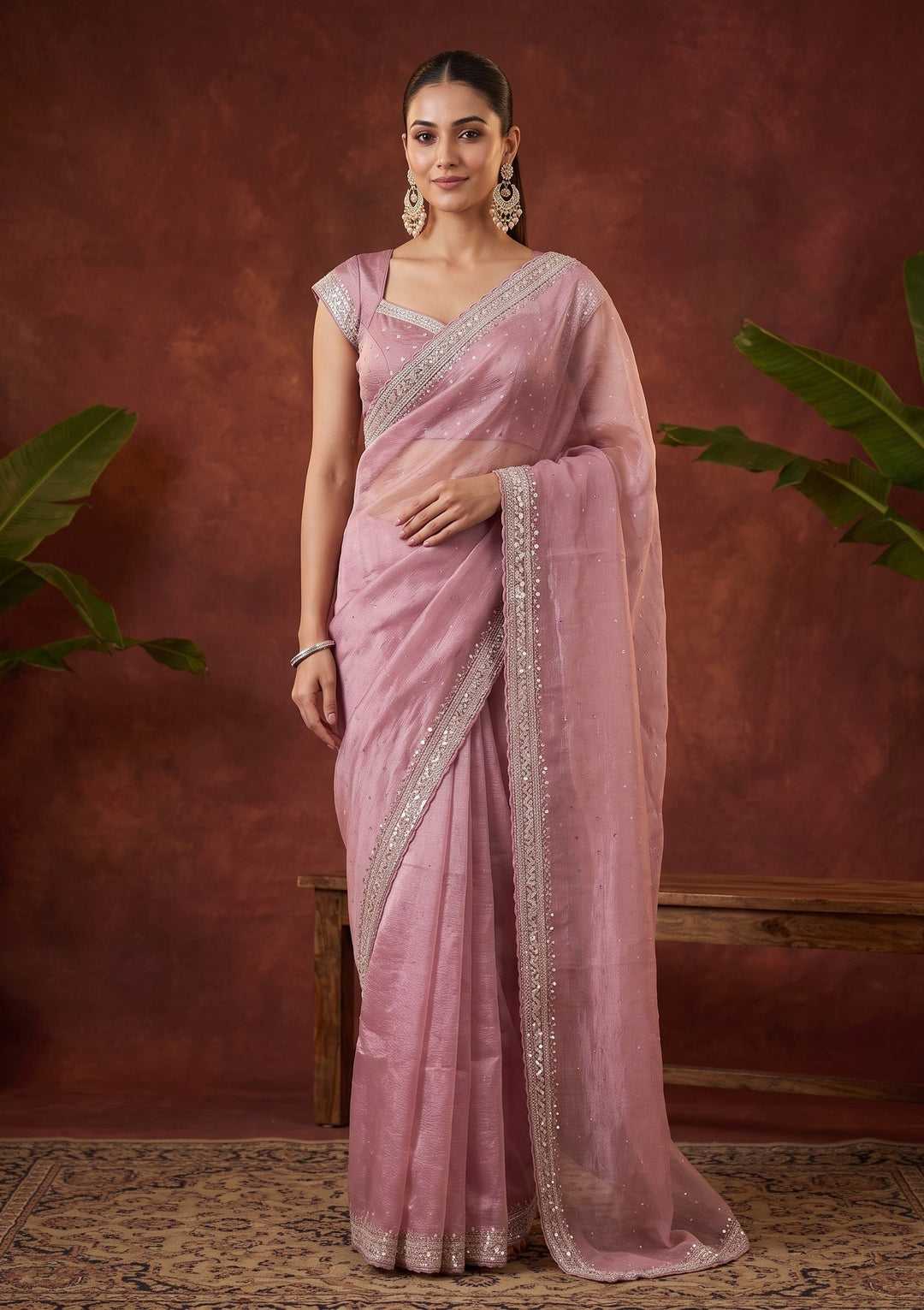 Pink Sequins Tissue Saree