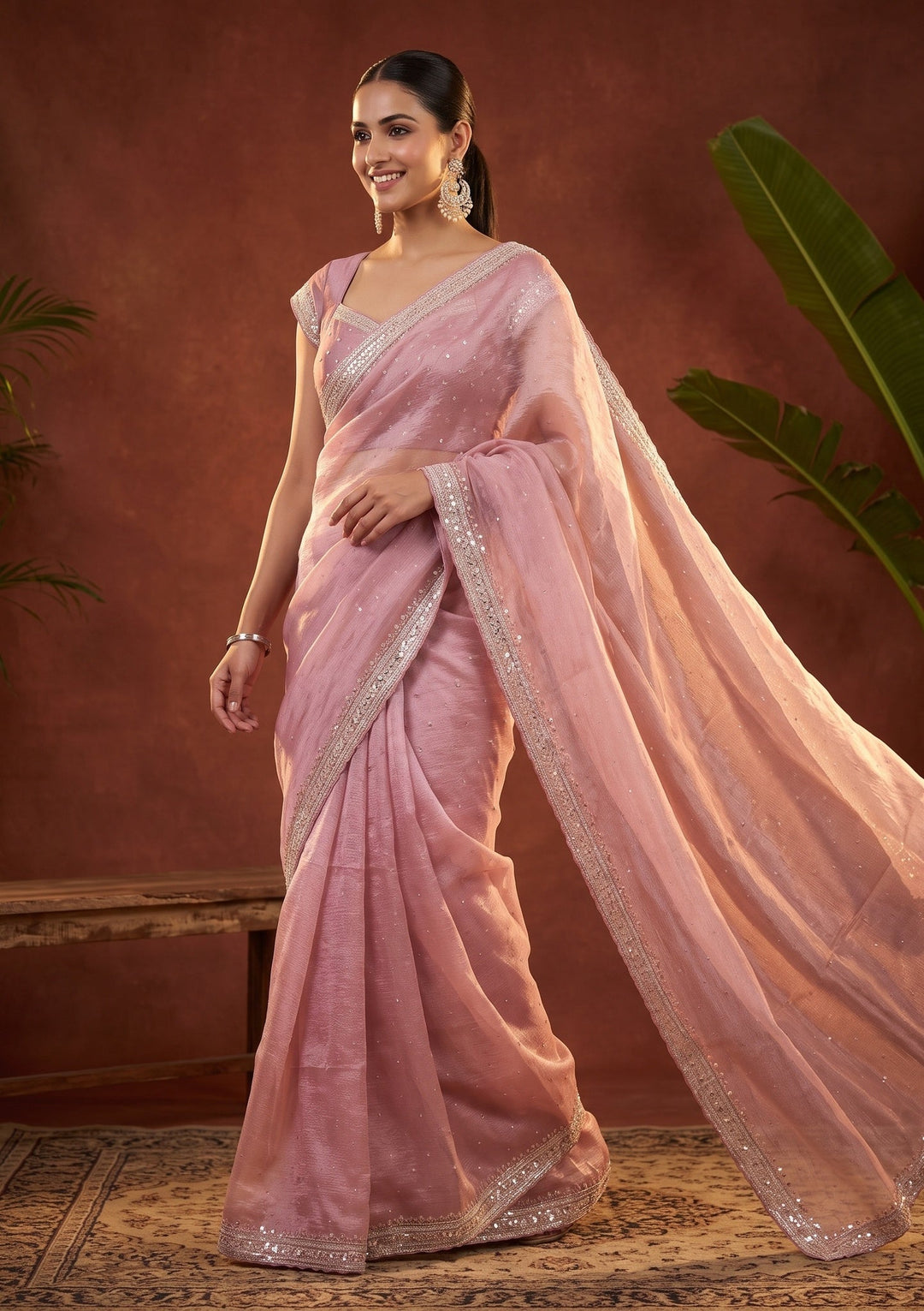 Pink Sequins Tissue Saree
