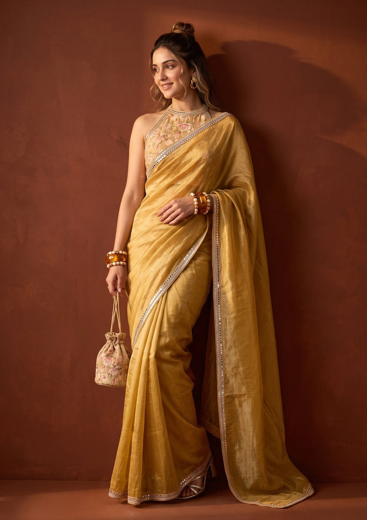 Mustard Yellow Sequins Tissue Saree