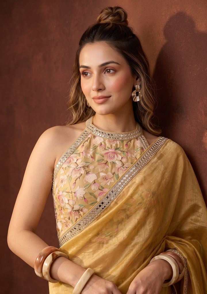 Mustard Yellow Sequins Tissue Saree