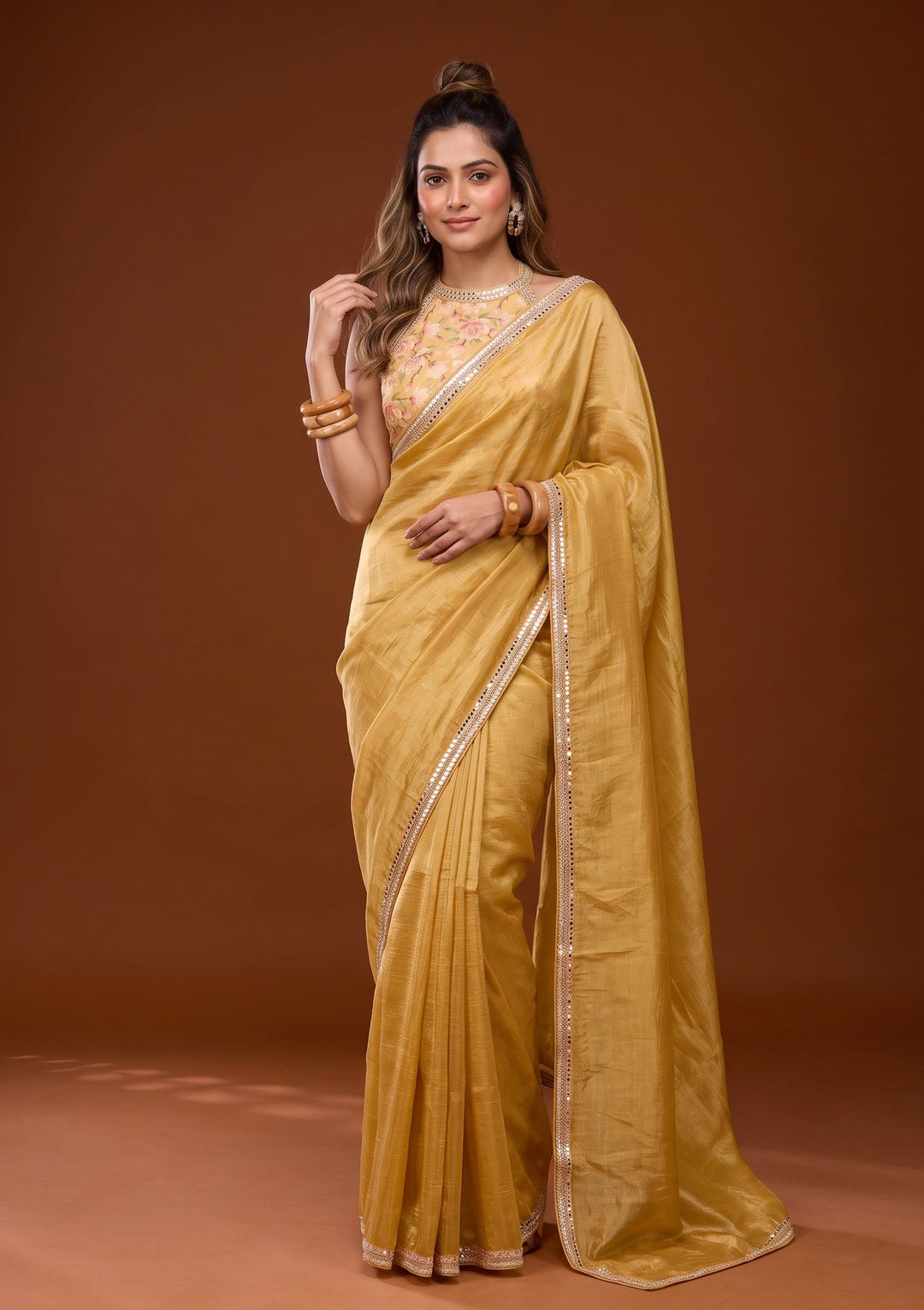 Mustard Yellow Sequins Tissue Saree