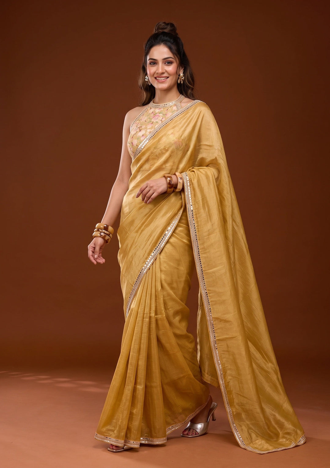 Mustard Yellow Sequins Tissue Saree