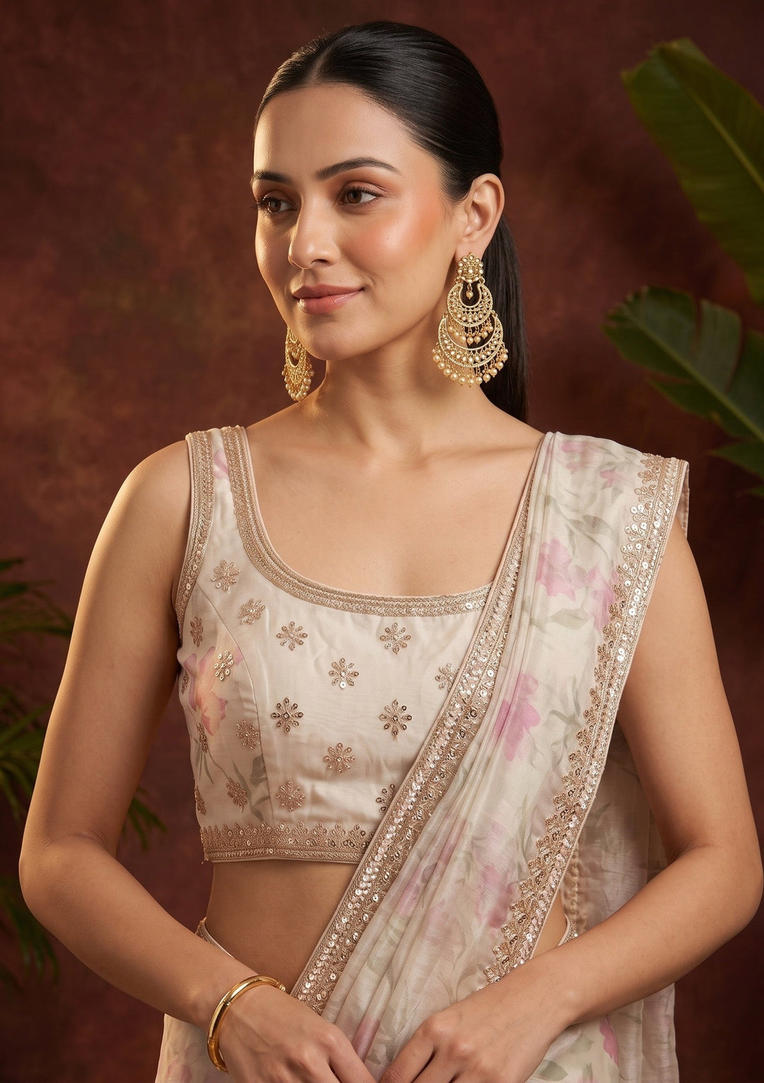 Off White Sequins Tissue Saree