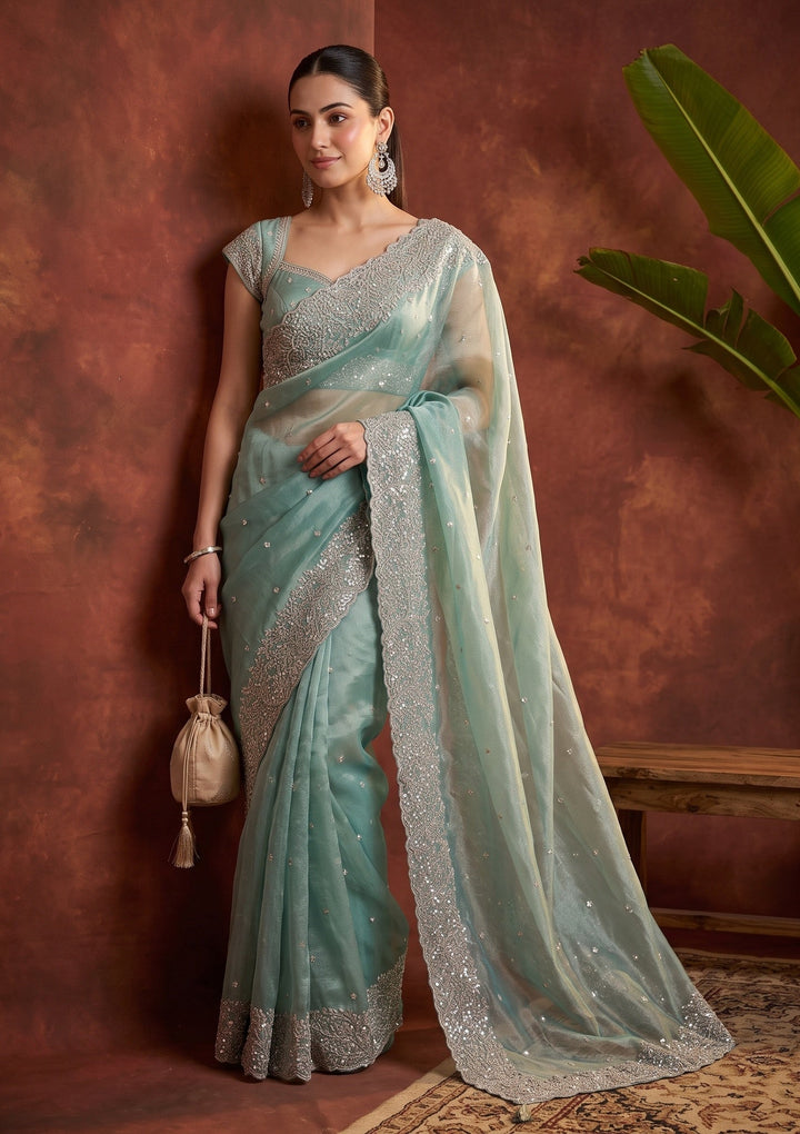 Sea Green Sequins Organza Saree