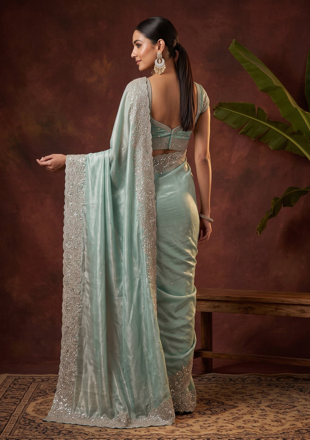 Sea Green Sequins Organza Saree