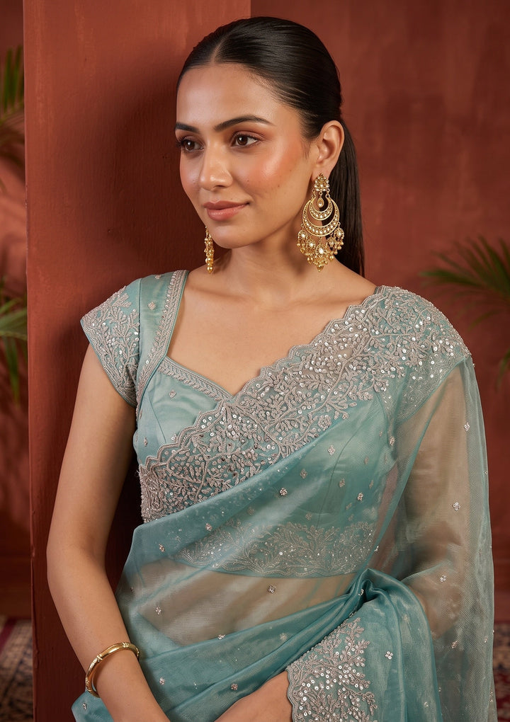Sea Green Sequins Organza Saree