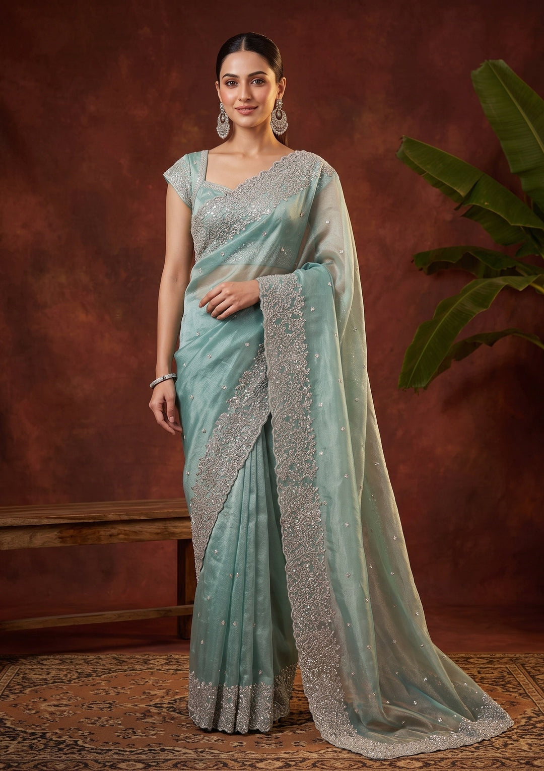 Sea Green Sequins Organza Saree