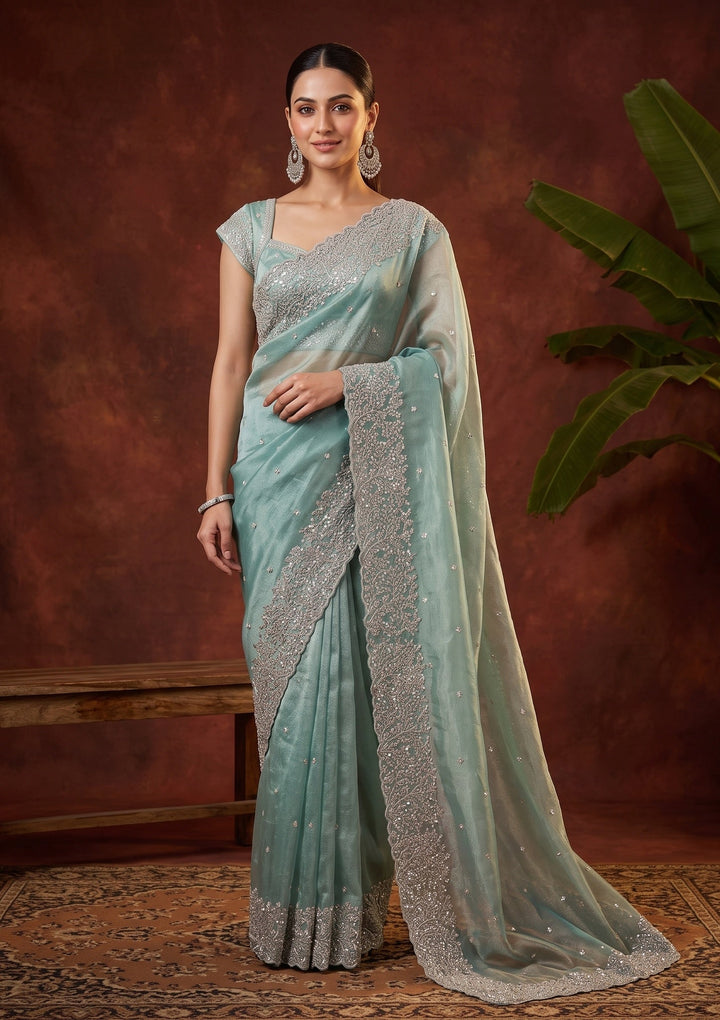 Sea Green Sequins Organza Saree