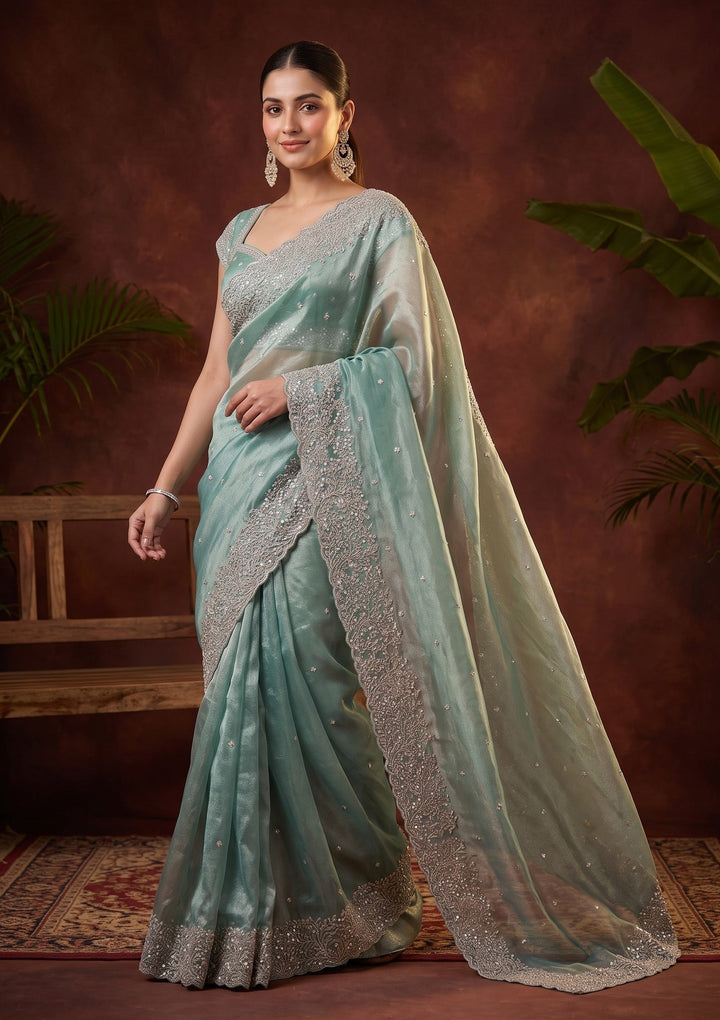 Sea Green Sequins Organza Saree