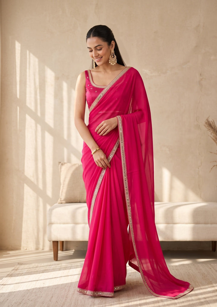 Rani Pink Mirrorwork Satin Saree
