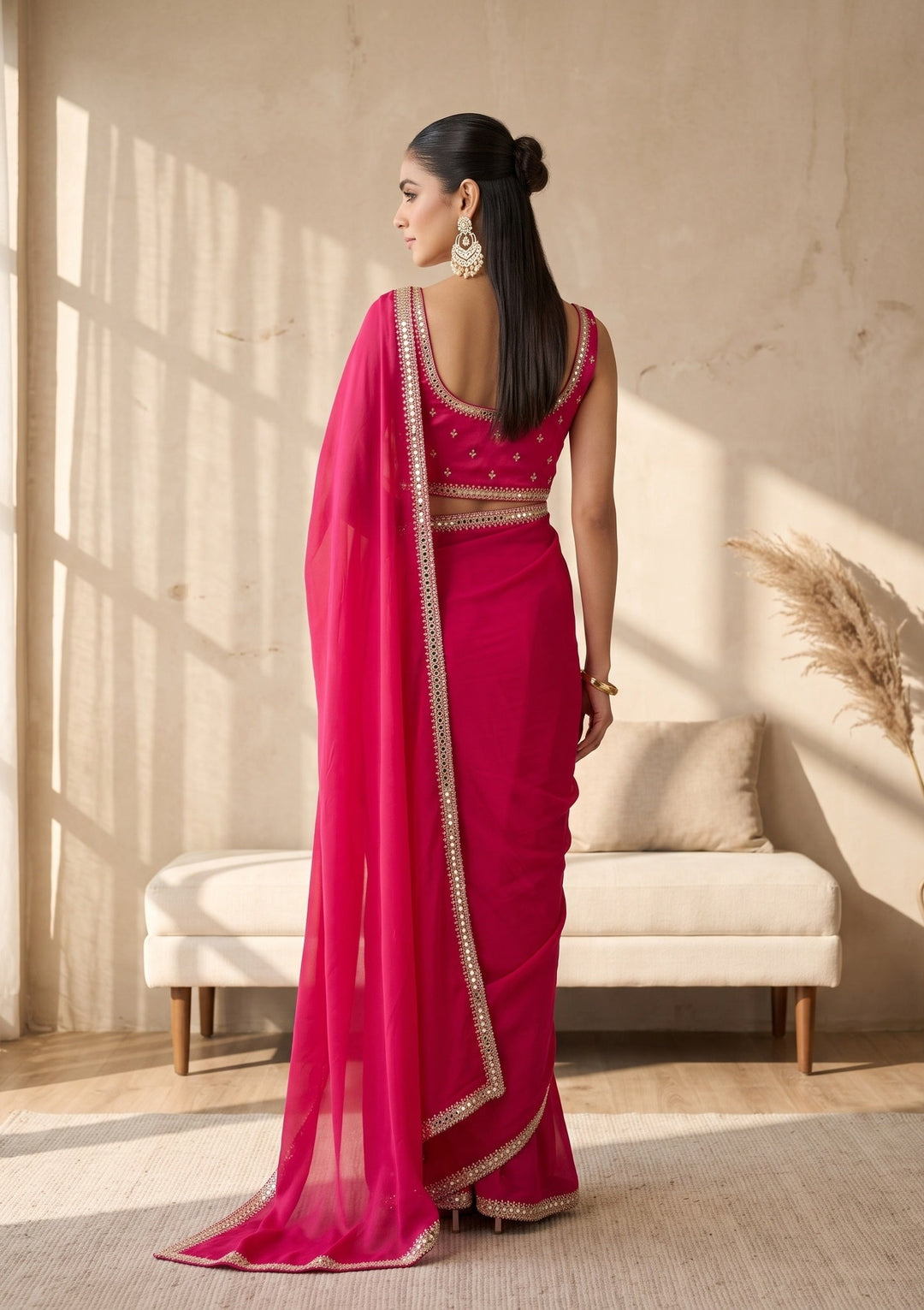 Rani Pink Mirrorwork Satin Saree