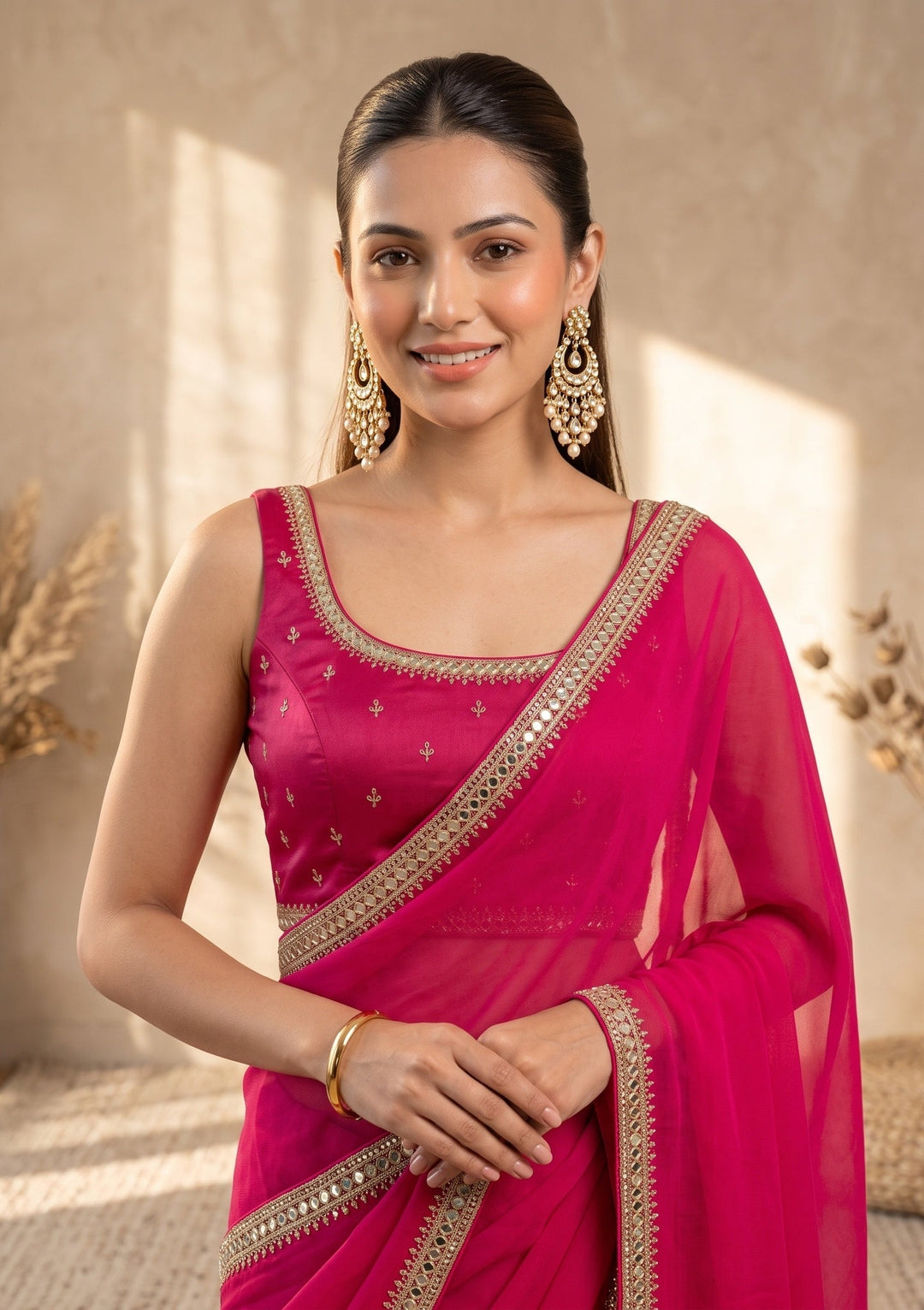 Rani Pink Mirrorwork Satin Saree