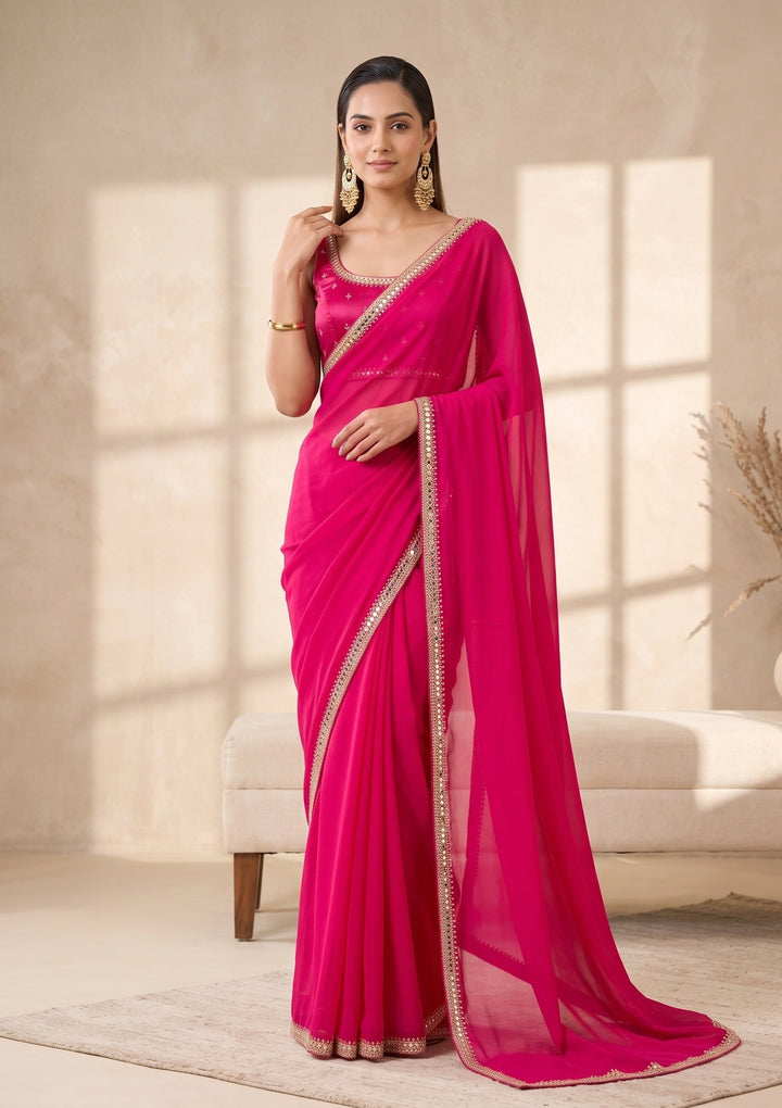 Rani Pink Mirrorwork Satin Saree