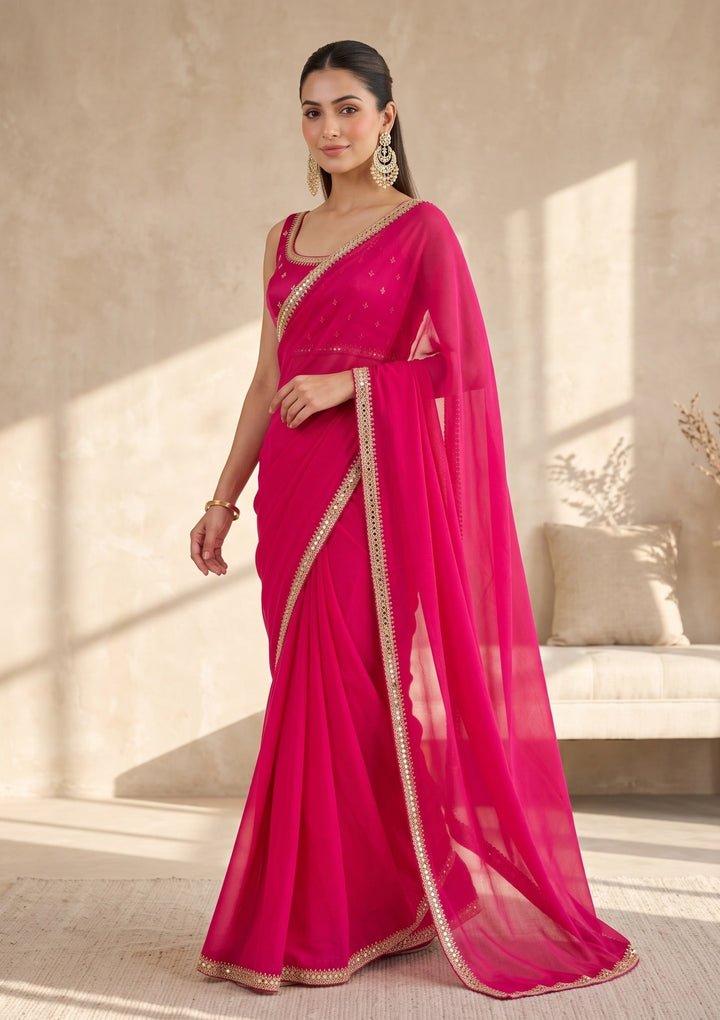 Rani Pink Mirrorwork Satin Saree