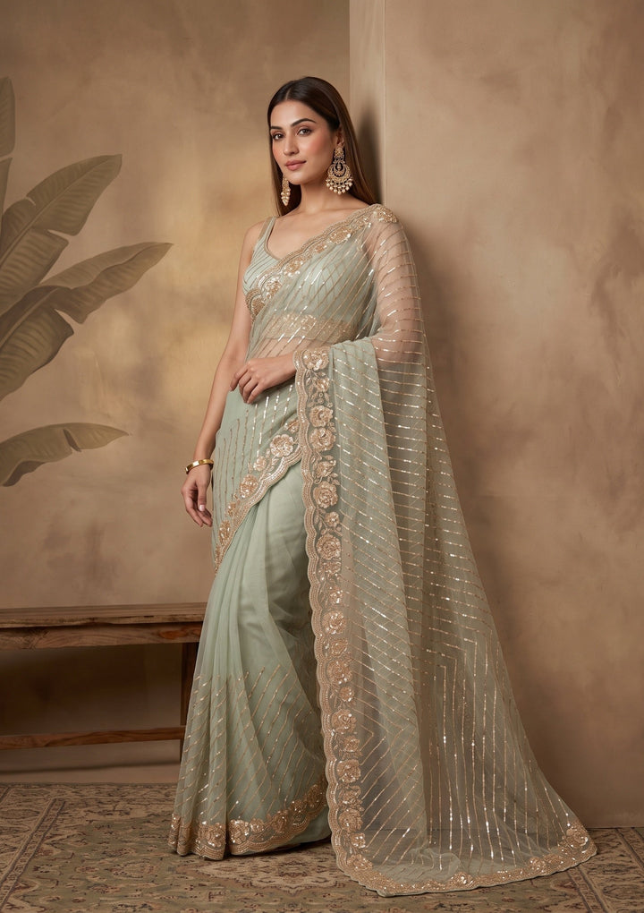 Pista Green Sequins Organza Saree