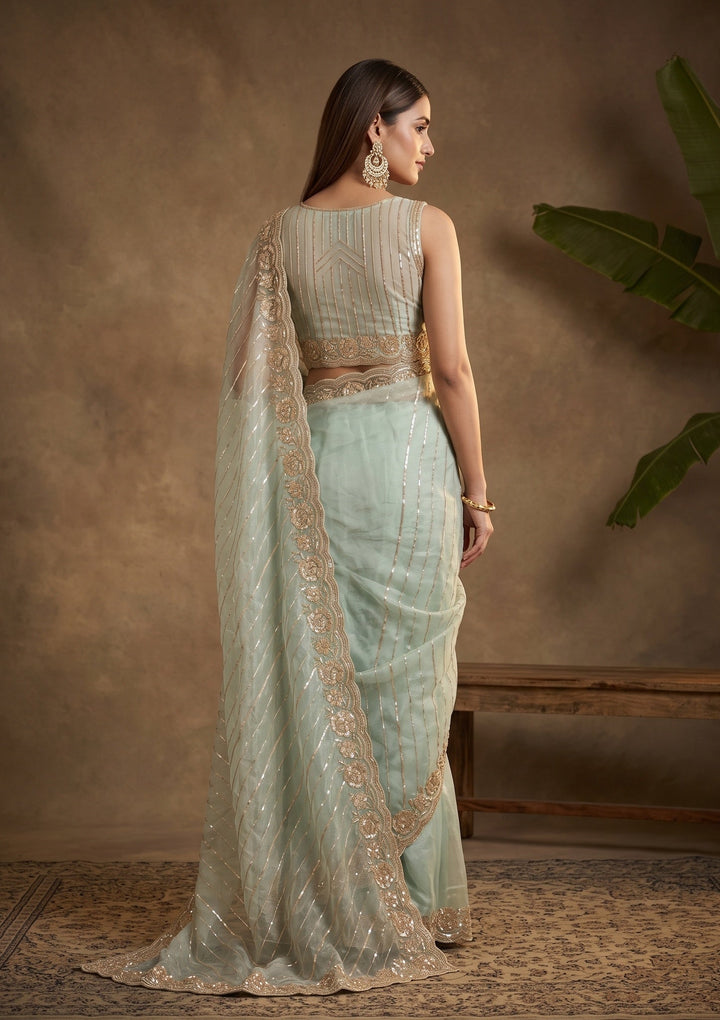 Pista Green Sequins Organza Saree