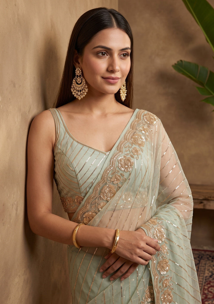 Pista Green Sequins Organza Saree