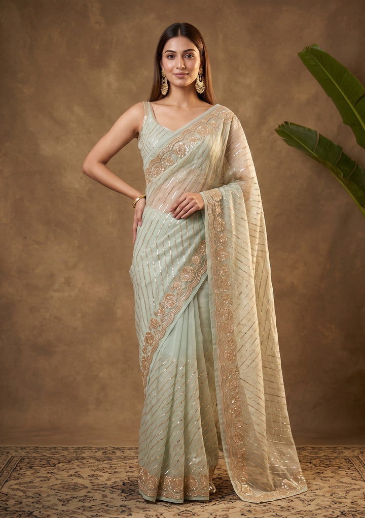 Pista Green Sequins Organza Saree