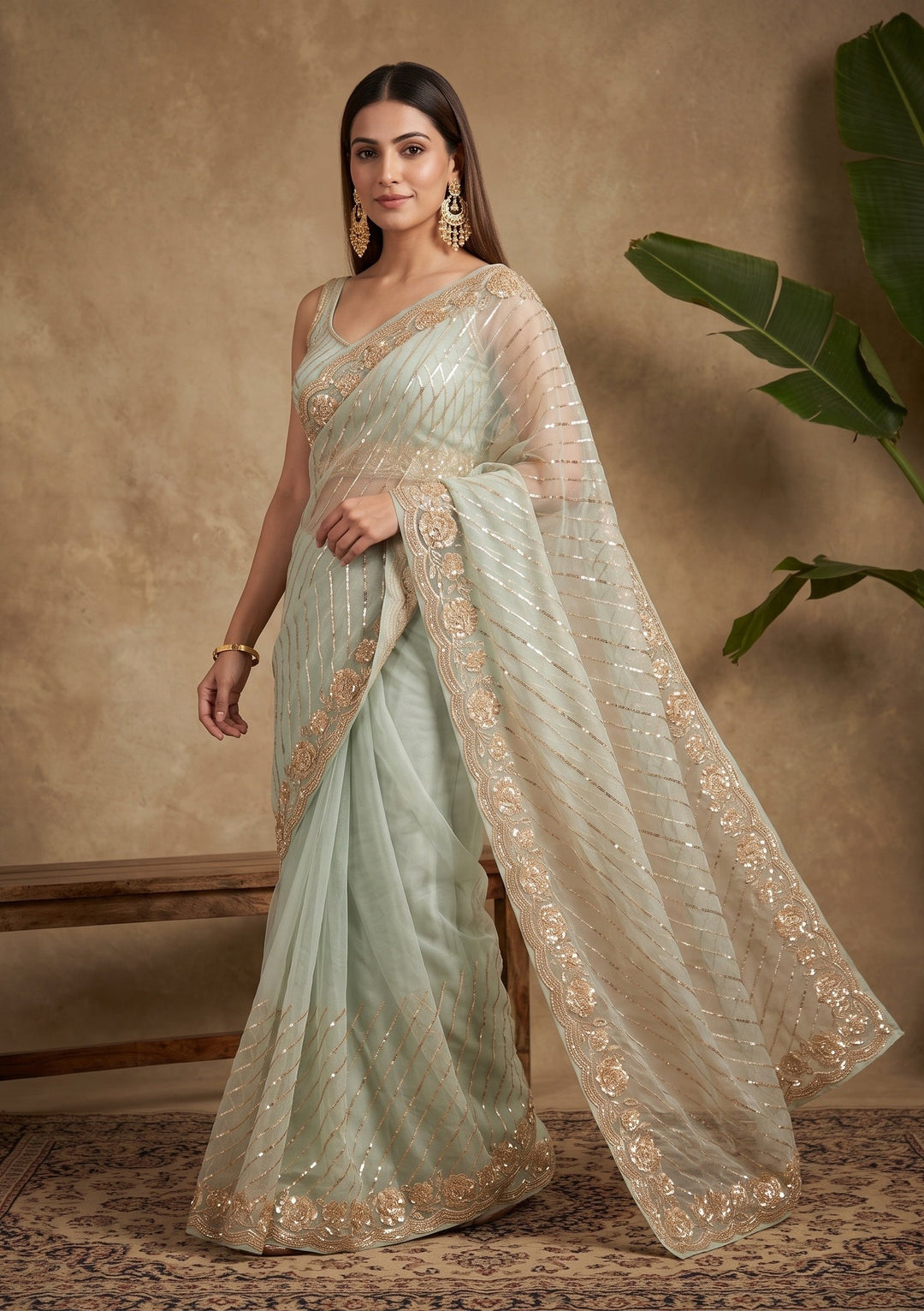 Pista Green Sequins Organza Saree