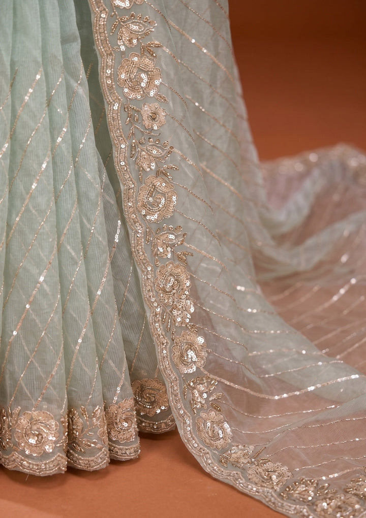 Pista Green Sequins Organza Saree