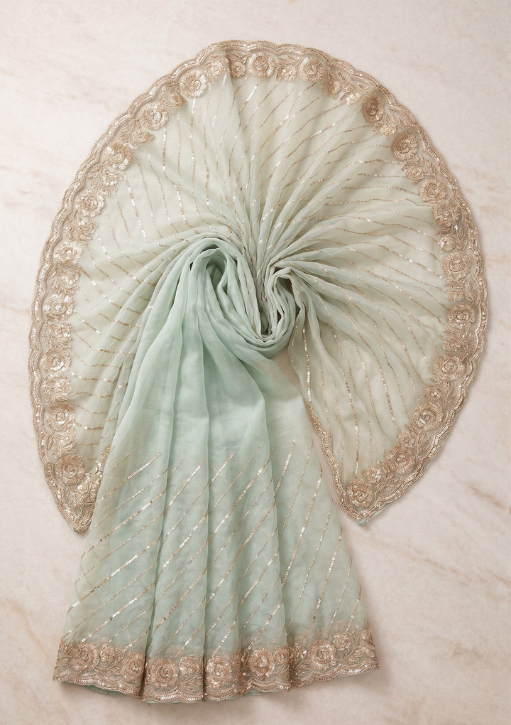 Pista Green Sequins Organza Saree